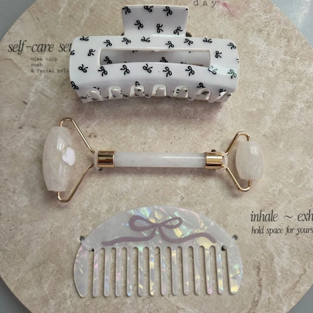 A New Day Self-Care Set White Bow Claw Clip Iridescent Comb Facial Roller 3pc